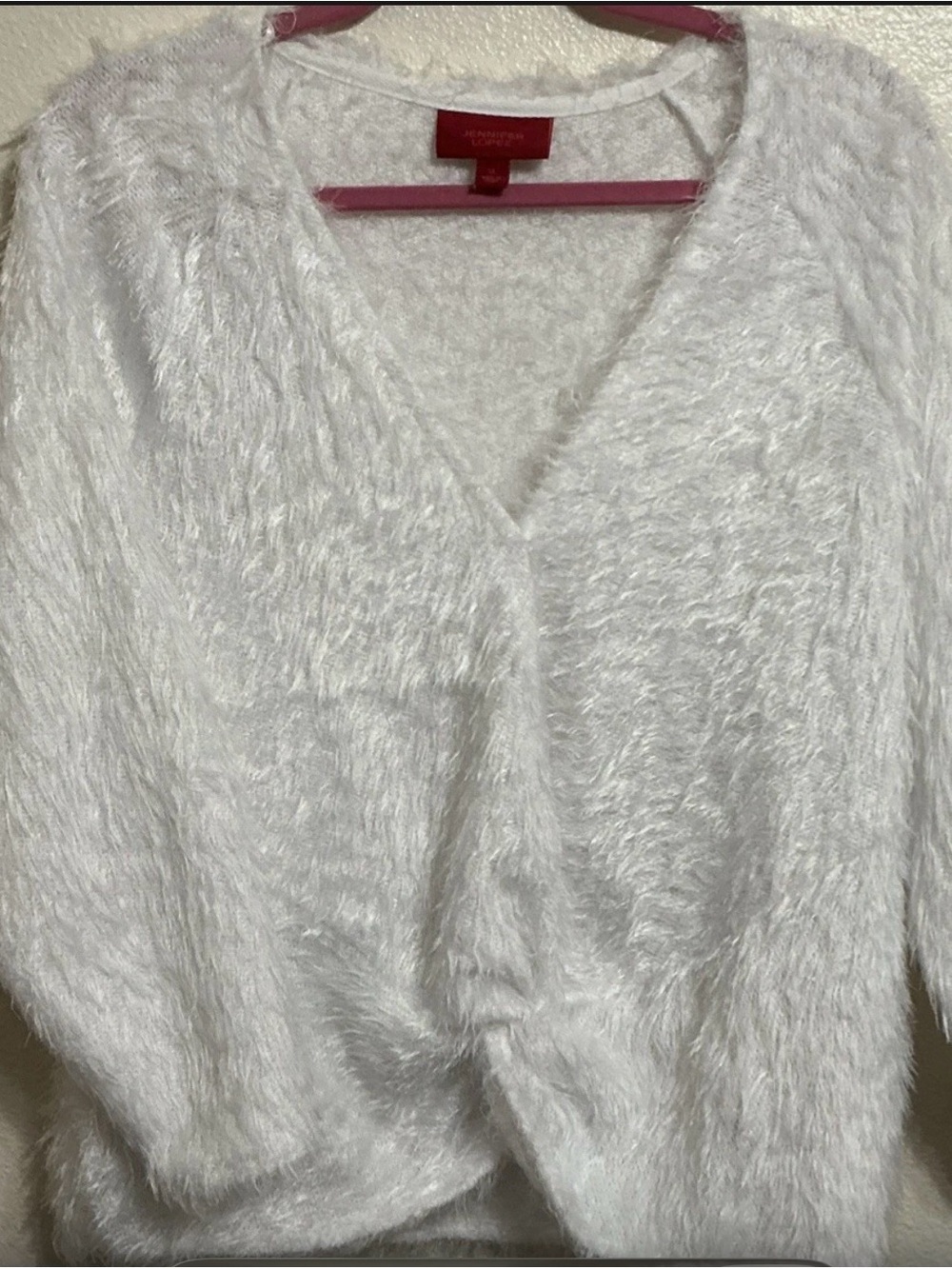 Jennifer Lopez White Fuzzy V-Neck Pullover Sweater